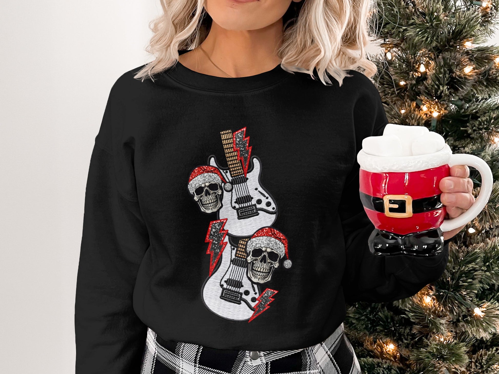 Festive Skull and Guitar Graphic Long Sleeve Shirt