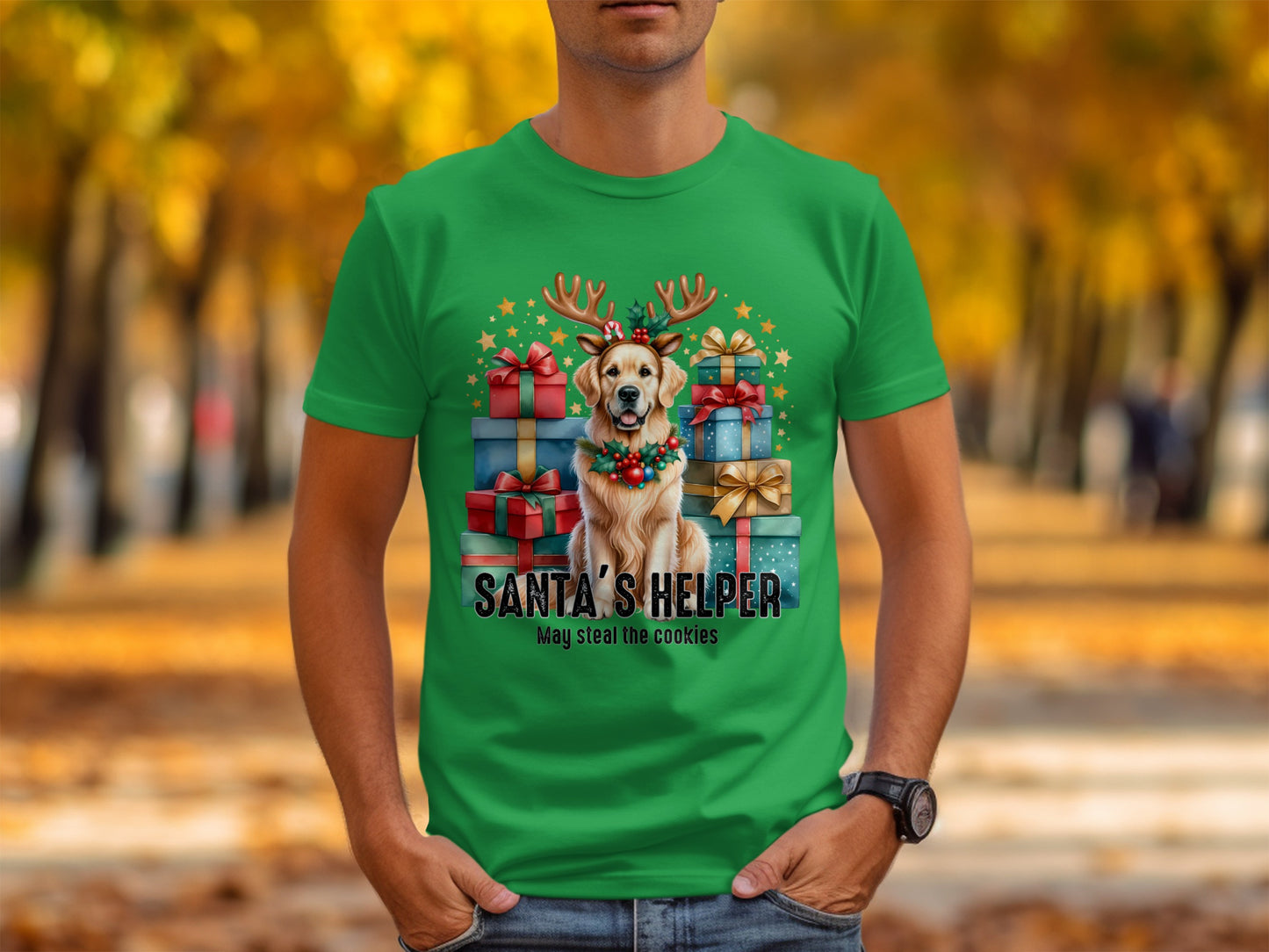 Santa's Helper Dog with Presents T-Shirt