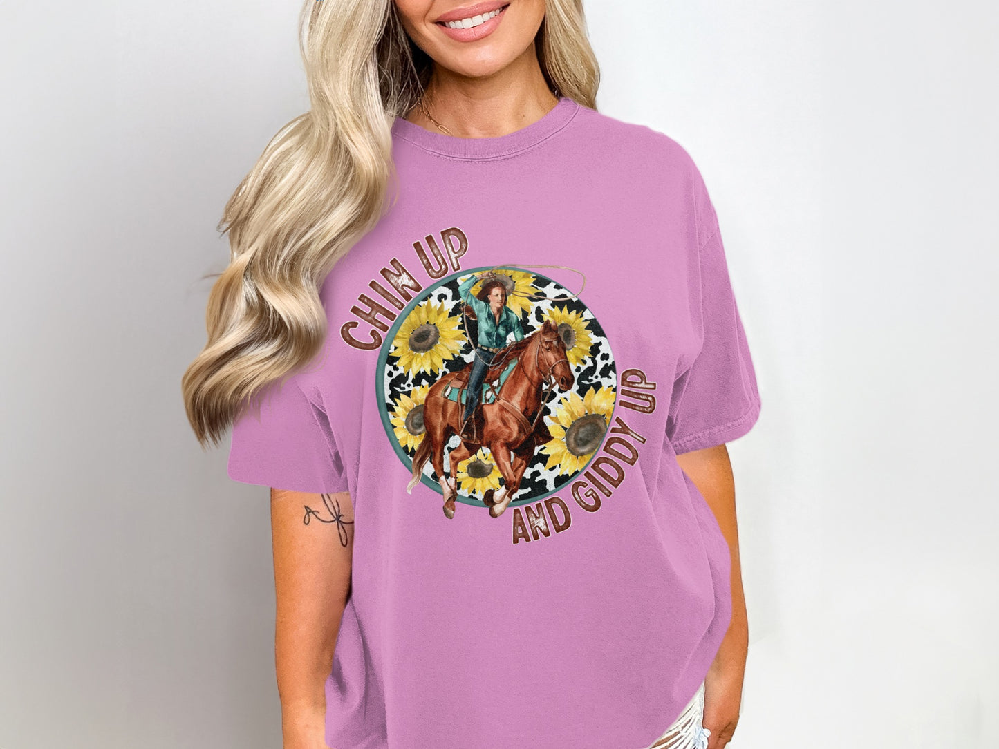Chin Up and Giddy Up Sunflower Horse Riding Tee