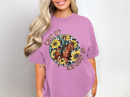 Chin Up and Giddy Up Sunflower Horse Riding Tee