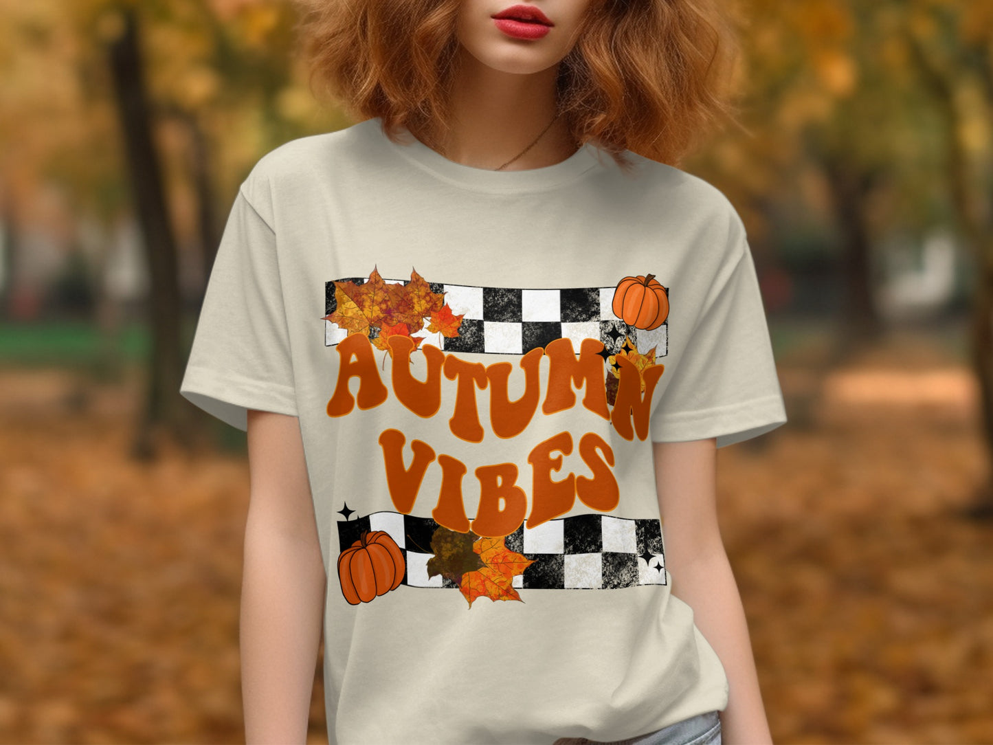 Autumn Vibes Graphic Tee with Pumpkins and Leaves