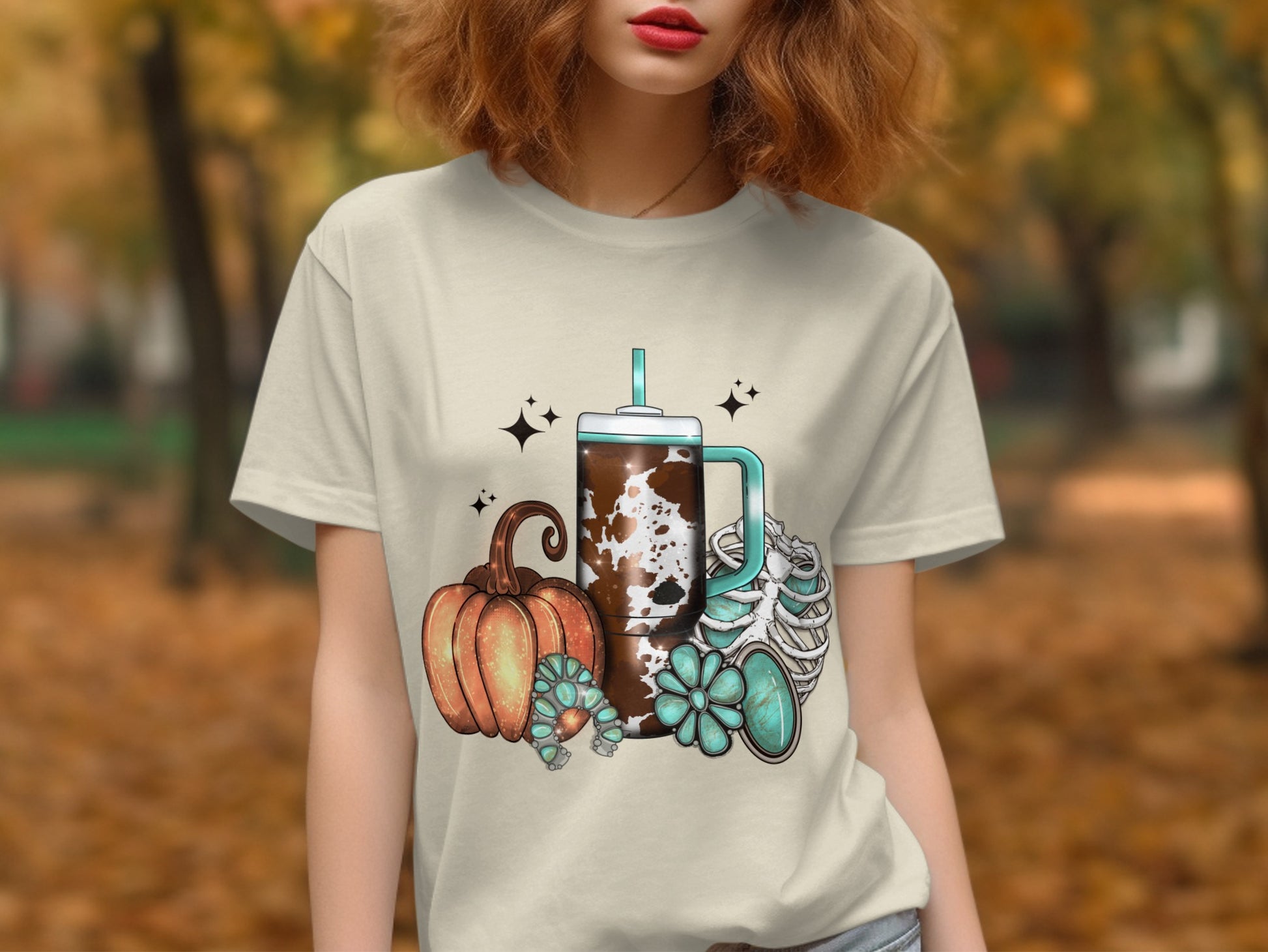 Cute Fall Themed T-Shirt with Pumpkin and Floral Design