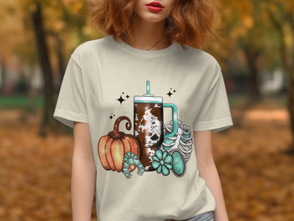Cute Fall Themed T-Shirt with Pumpkin and Floral Design