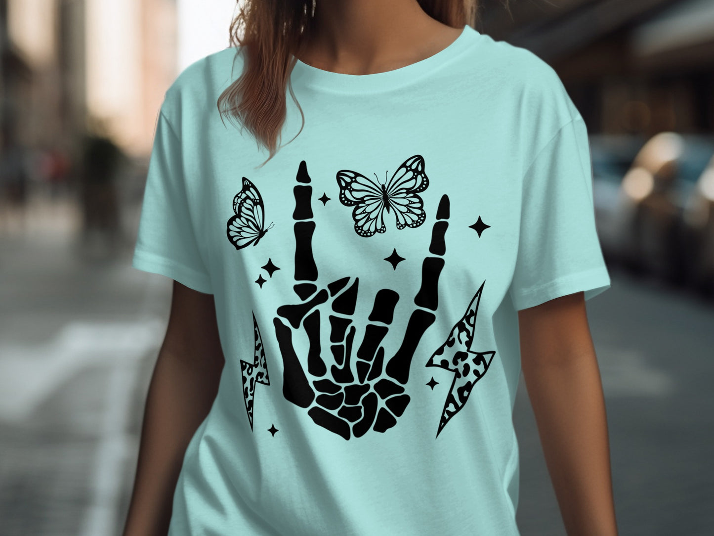 Skeleton Hand Butterfly and Stars Graphic T-Shirt