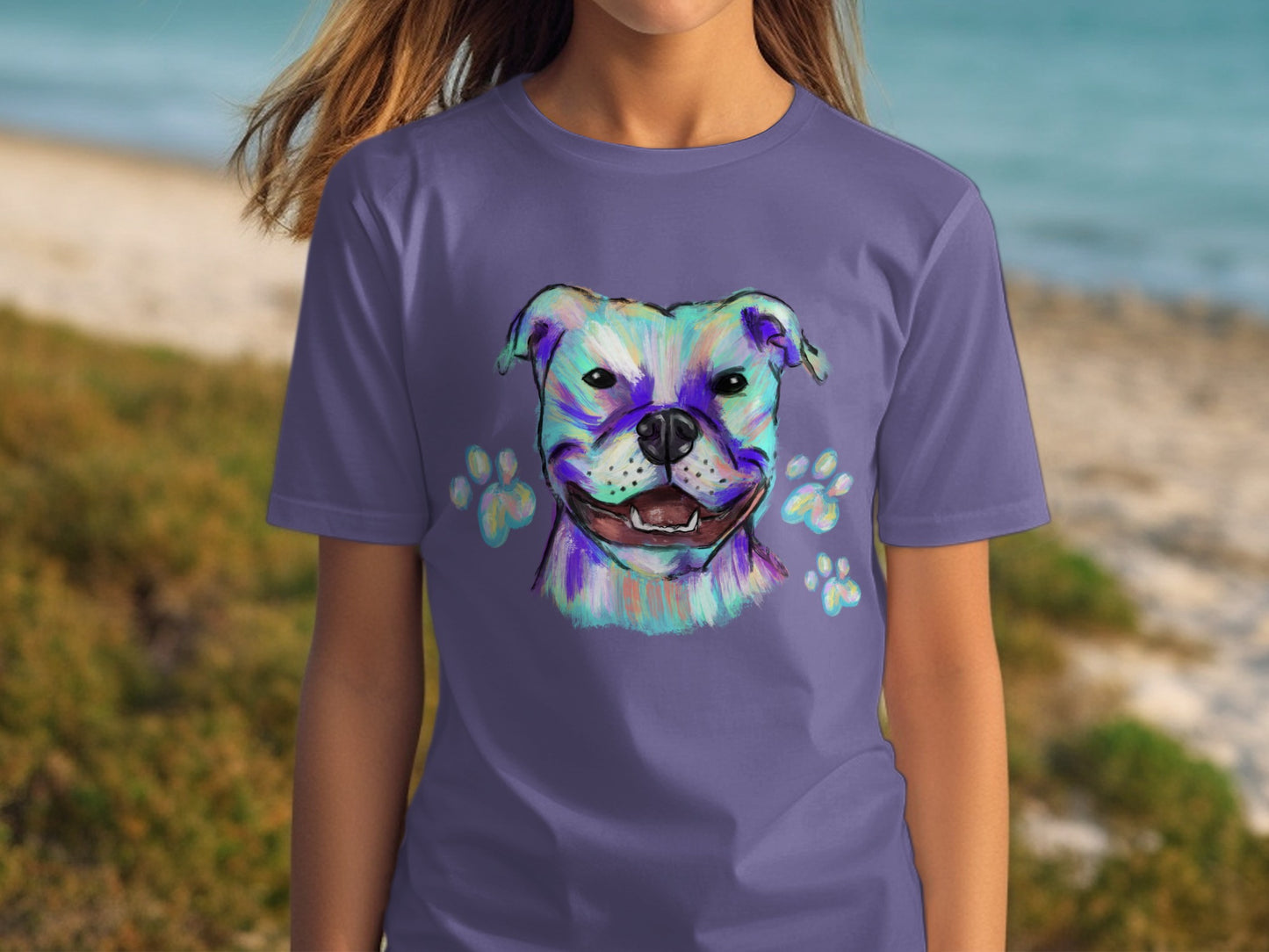Colorful Dog Illustration on Purple T-shirt