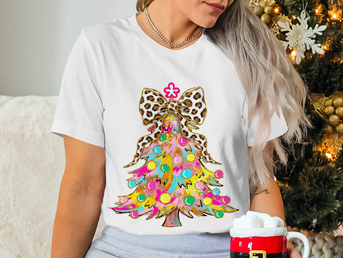 Colorful Leopard Bow Christmas Tree Graphic Shirt