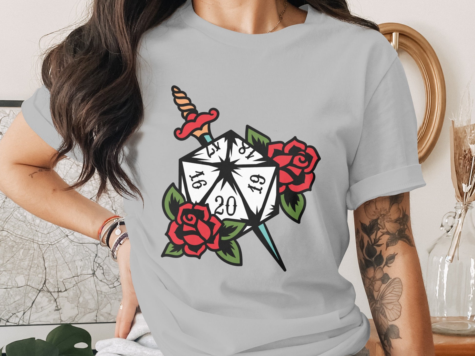 Fantasy D20 Dice with Sword and Rose Tattoo product