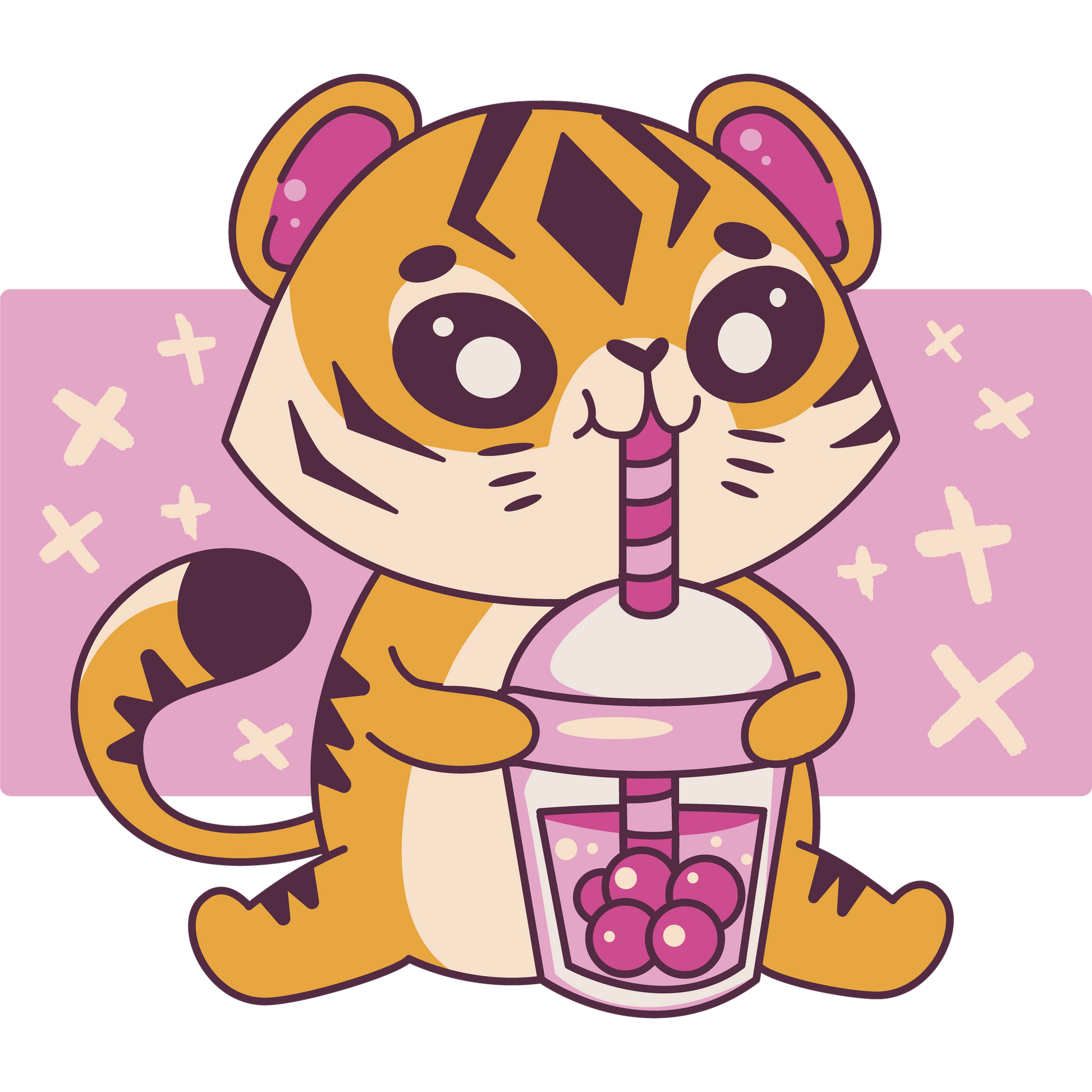 Adorable Cartoon Tiger Drinking Boba Tea Illustration