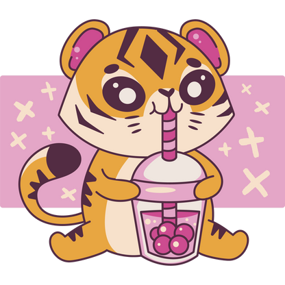 Adorable Cartoon Tiger Drinking Boba Tea Illustration