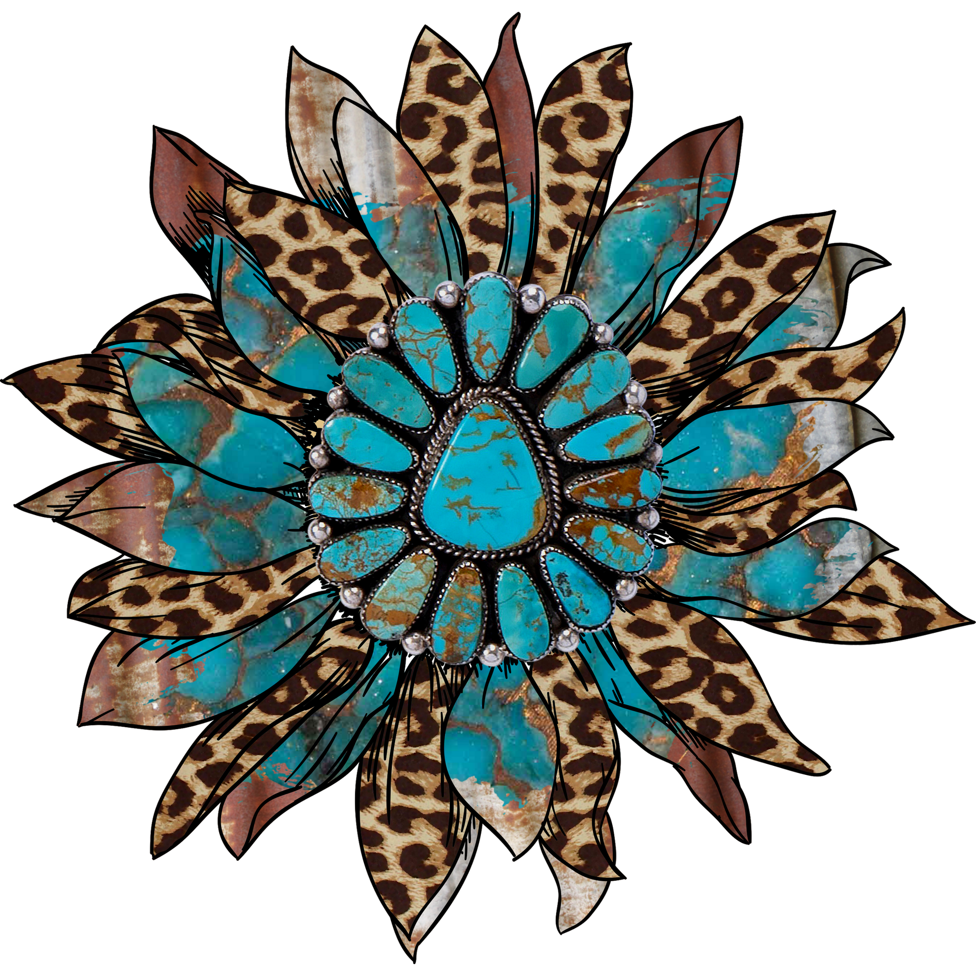 Bohemian Turquoise and Leopard Petal Flower Art