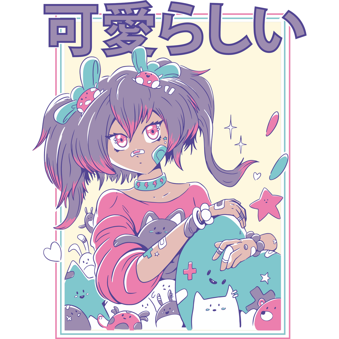 Kawaii Anime Girl Surrounded by Cute Characters Art