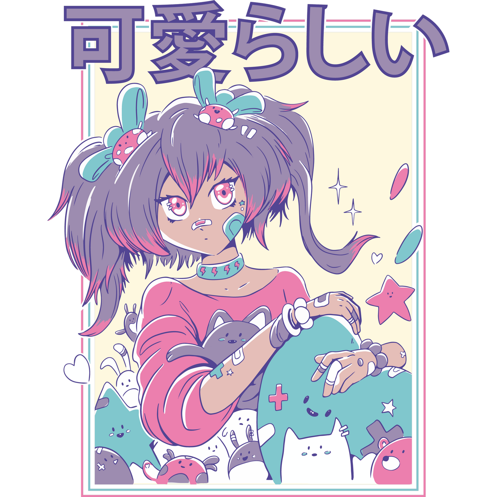 Kawaii Anime Girl Surrounded by Cute Characters Art