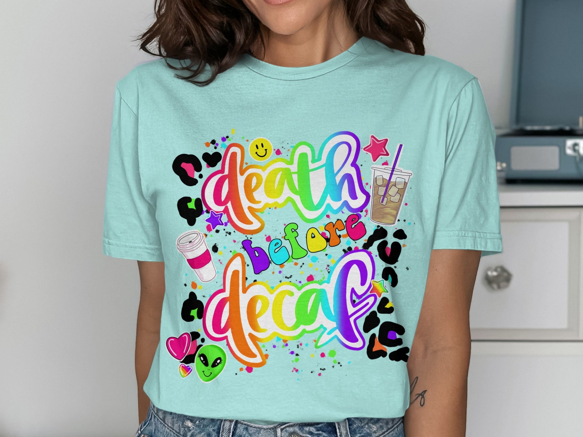 Colorful Death Before Decaf Graphic Tee product