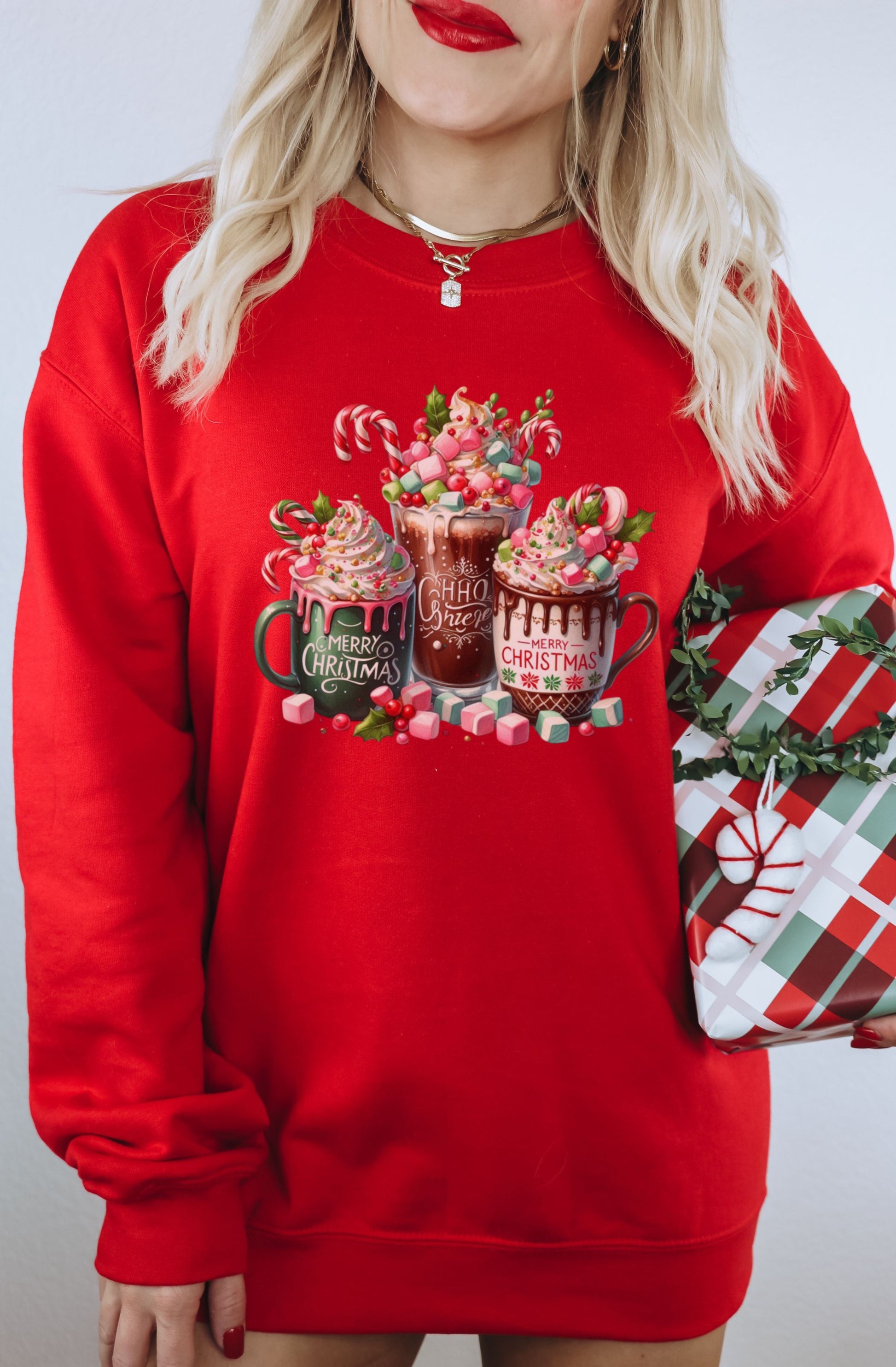 Festive Red Cozy Christmas Sweatshirt with Holiday Cups