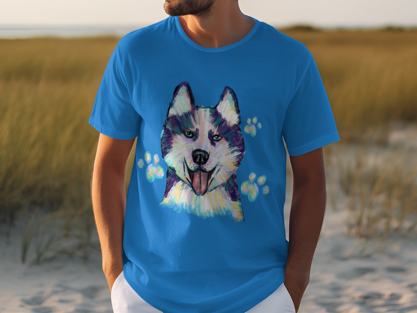 Colorful Husky Art Design on Blue Shirt