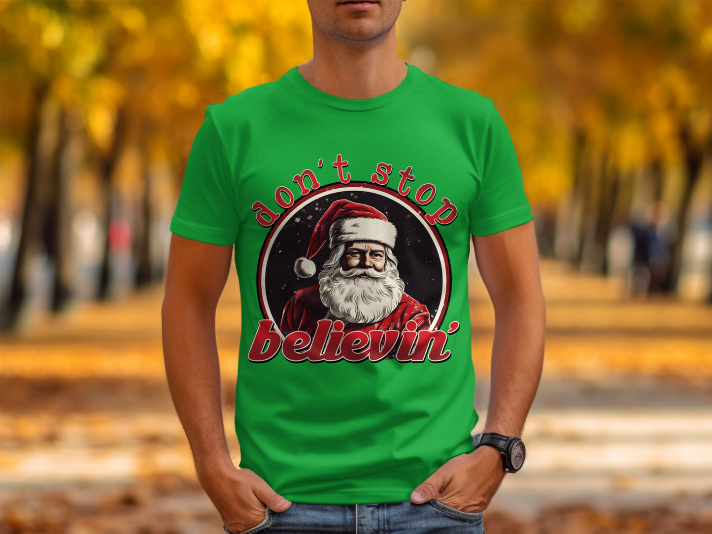 Don't Stop Believin' Santa Graphic Tee Shirt