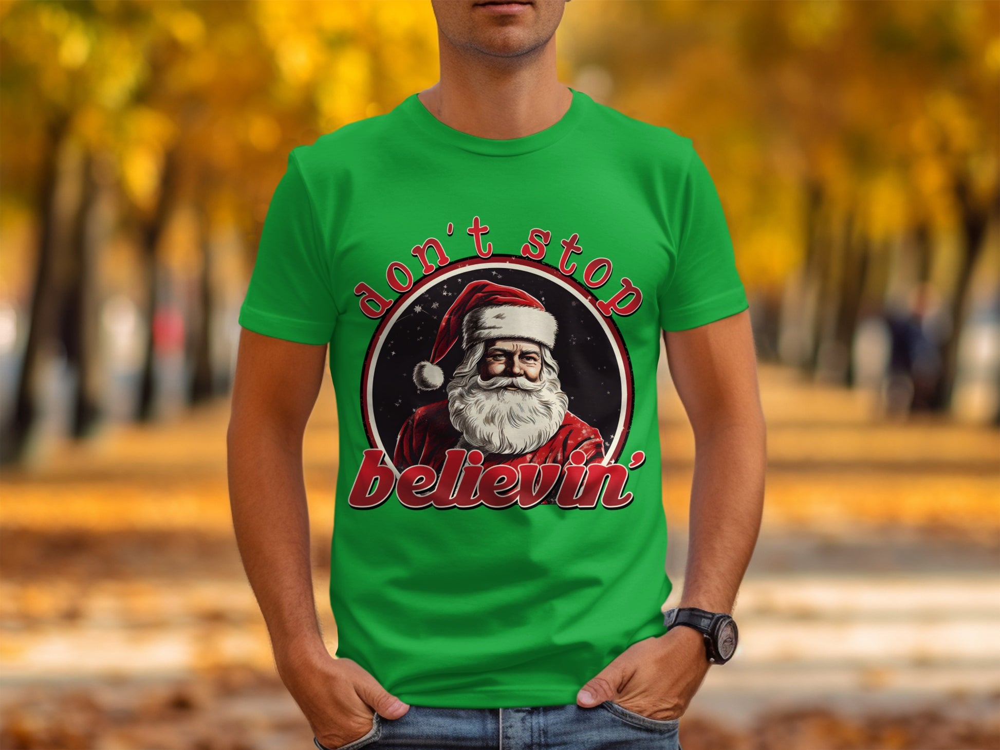 Don't Stop Believin' Santa Graphic Tee Shirt