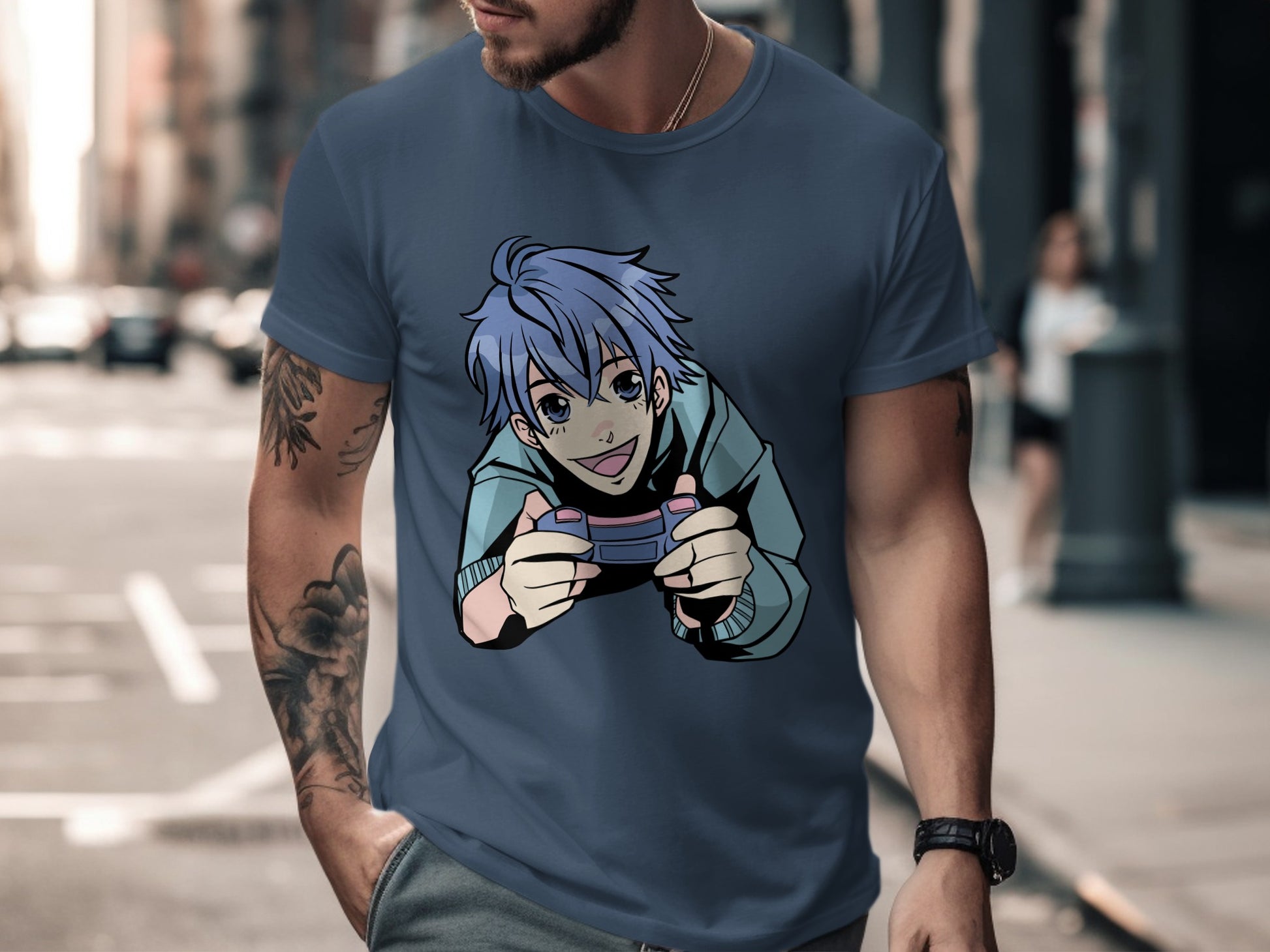 Blue Shirt with Anime Gamer Character Artwork