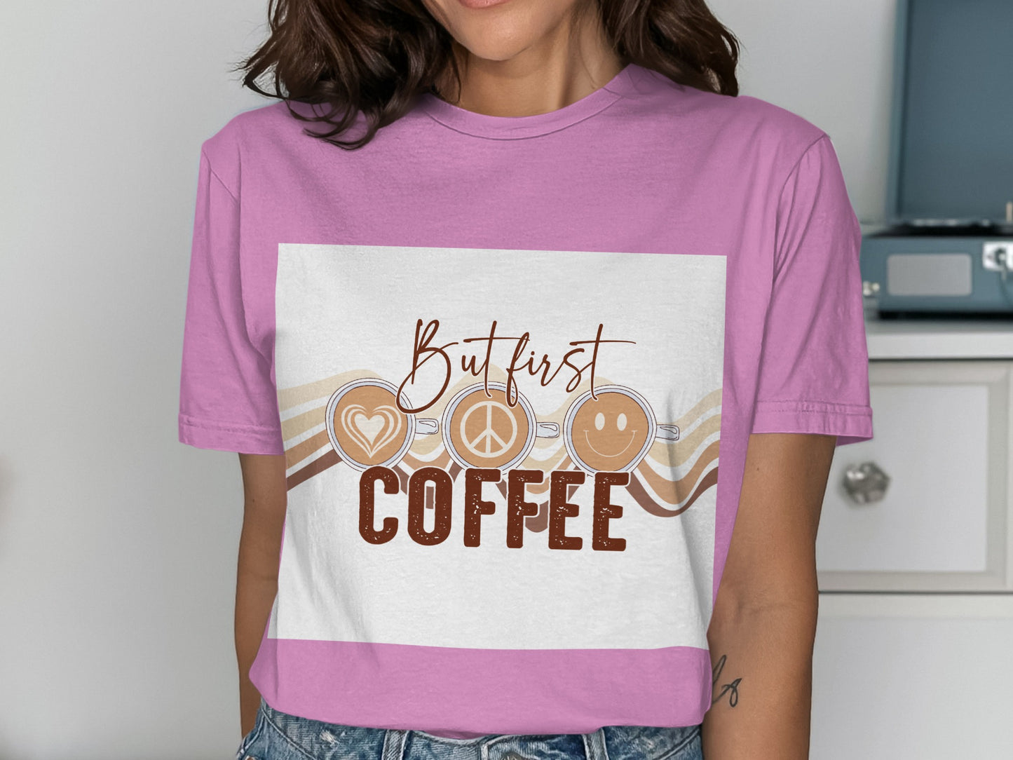 But First Coffee Heart Peace Smile Graphic Tee