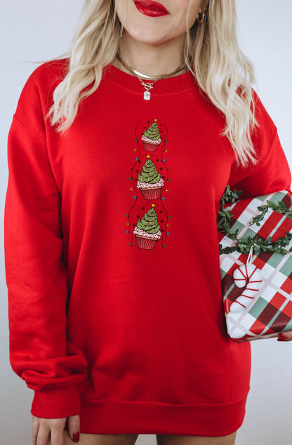 Festive Red Sweatshirt with Holiday Cupcake Design