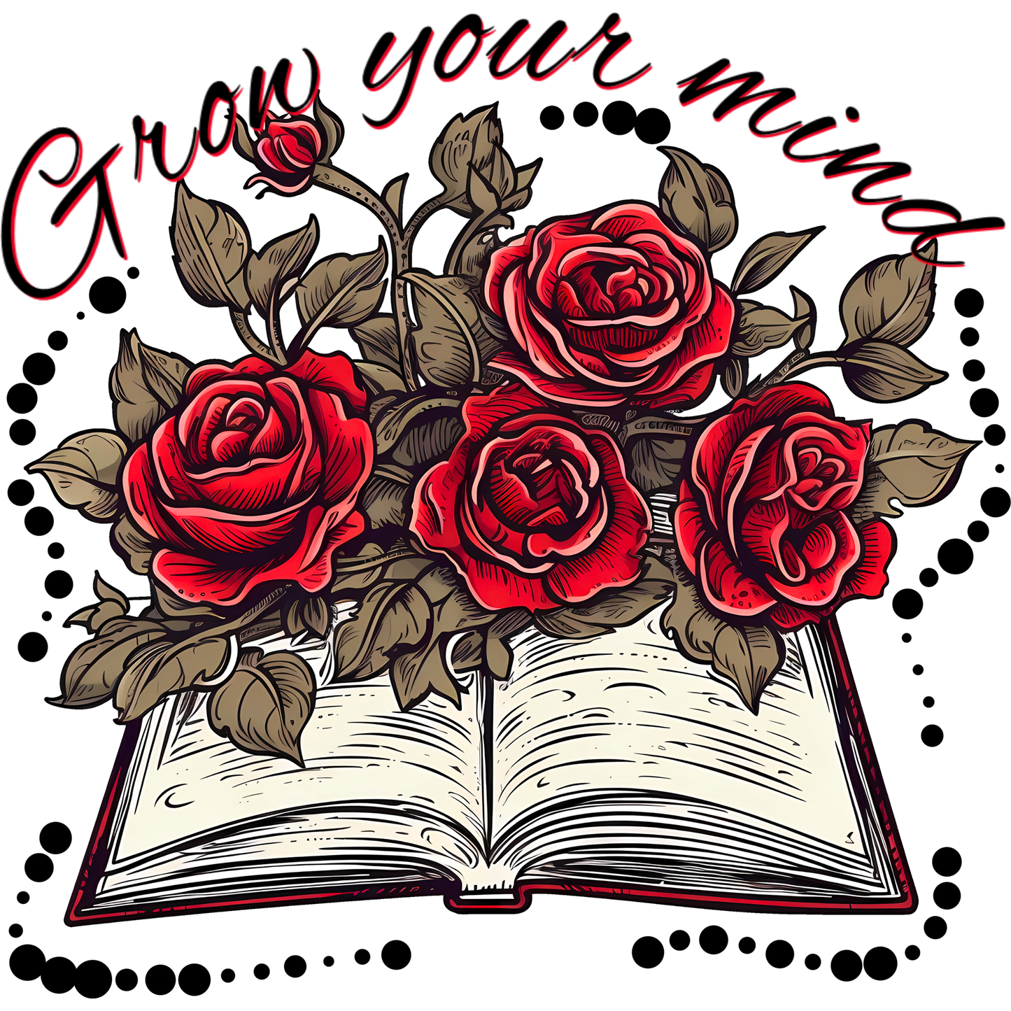 Grow Your Mind Open Book with Roses Illustration Art