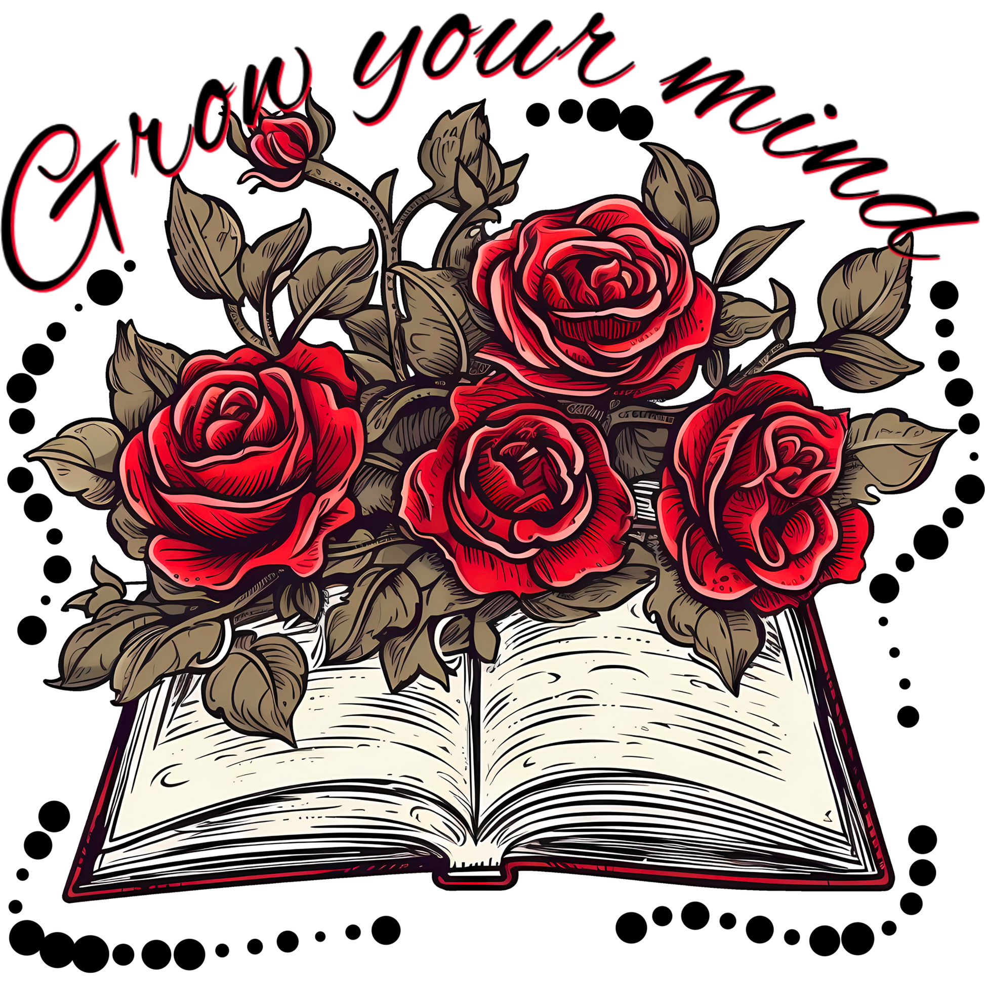 Grow Your Mind Open Book with Roses Illustration Art