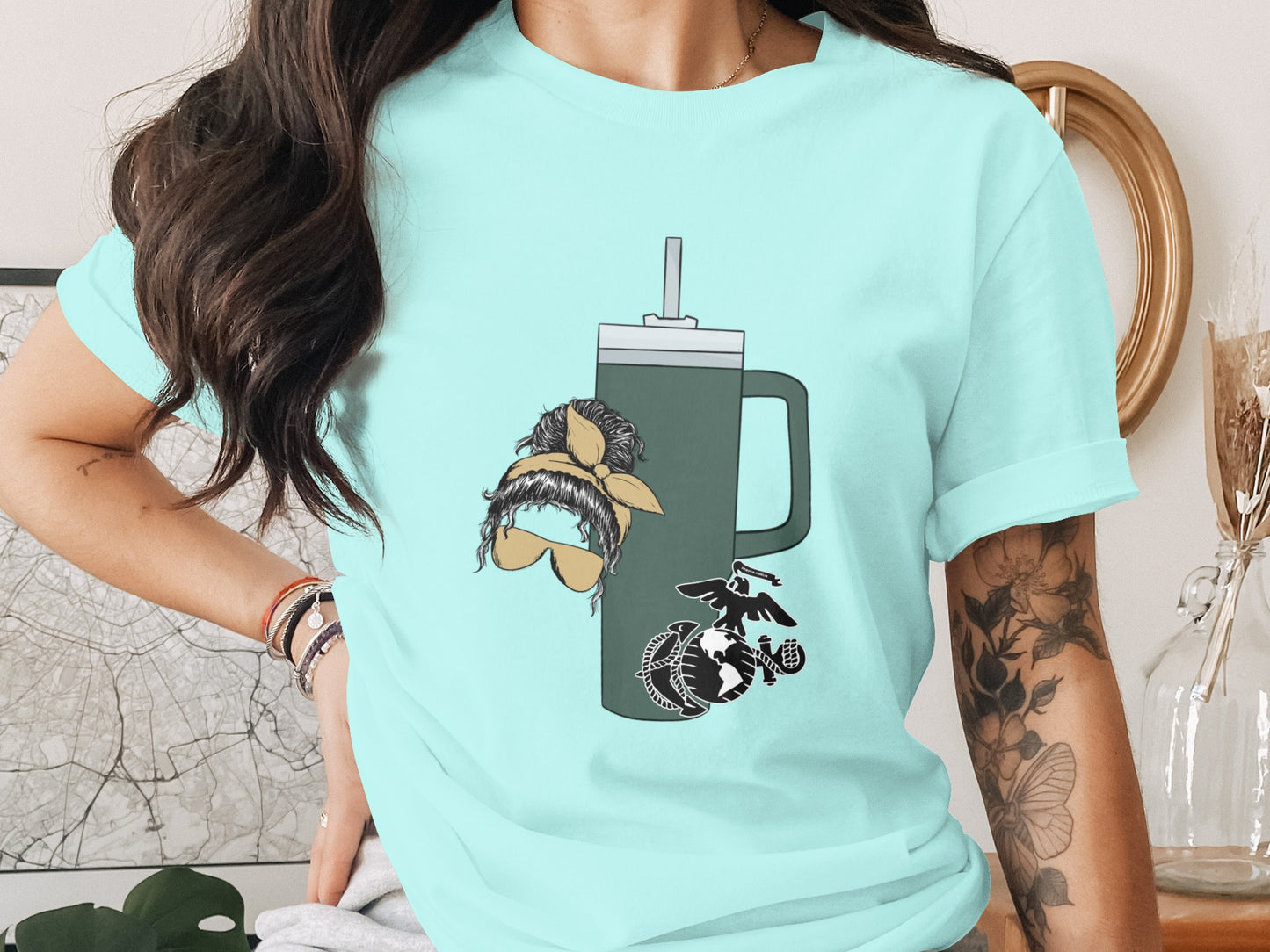 Trendy Teal Shirt with Cute Drink Print Design