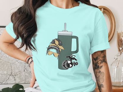 Trendy Teal Shirt with Cute Drink Print Design