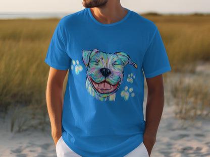 Colorful Smiling Dog Art on Blue T-Shirt Product