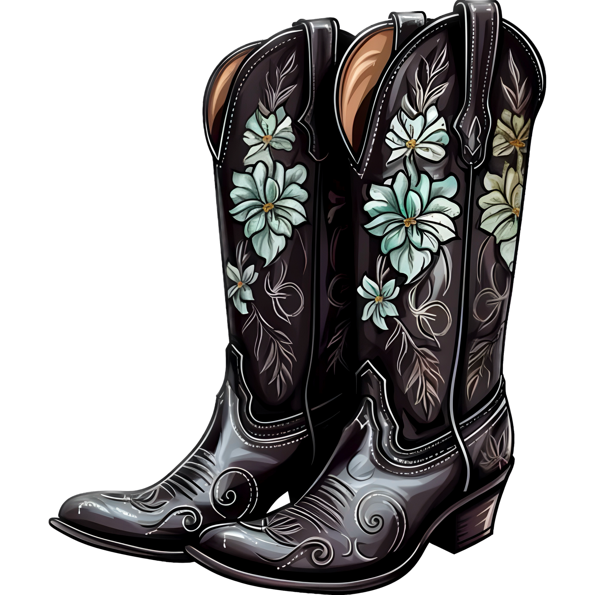 Stylish Black Floral Embroidered Cowboy Boot
