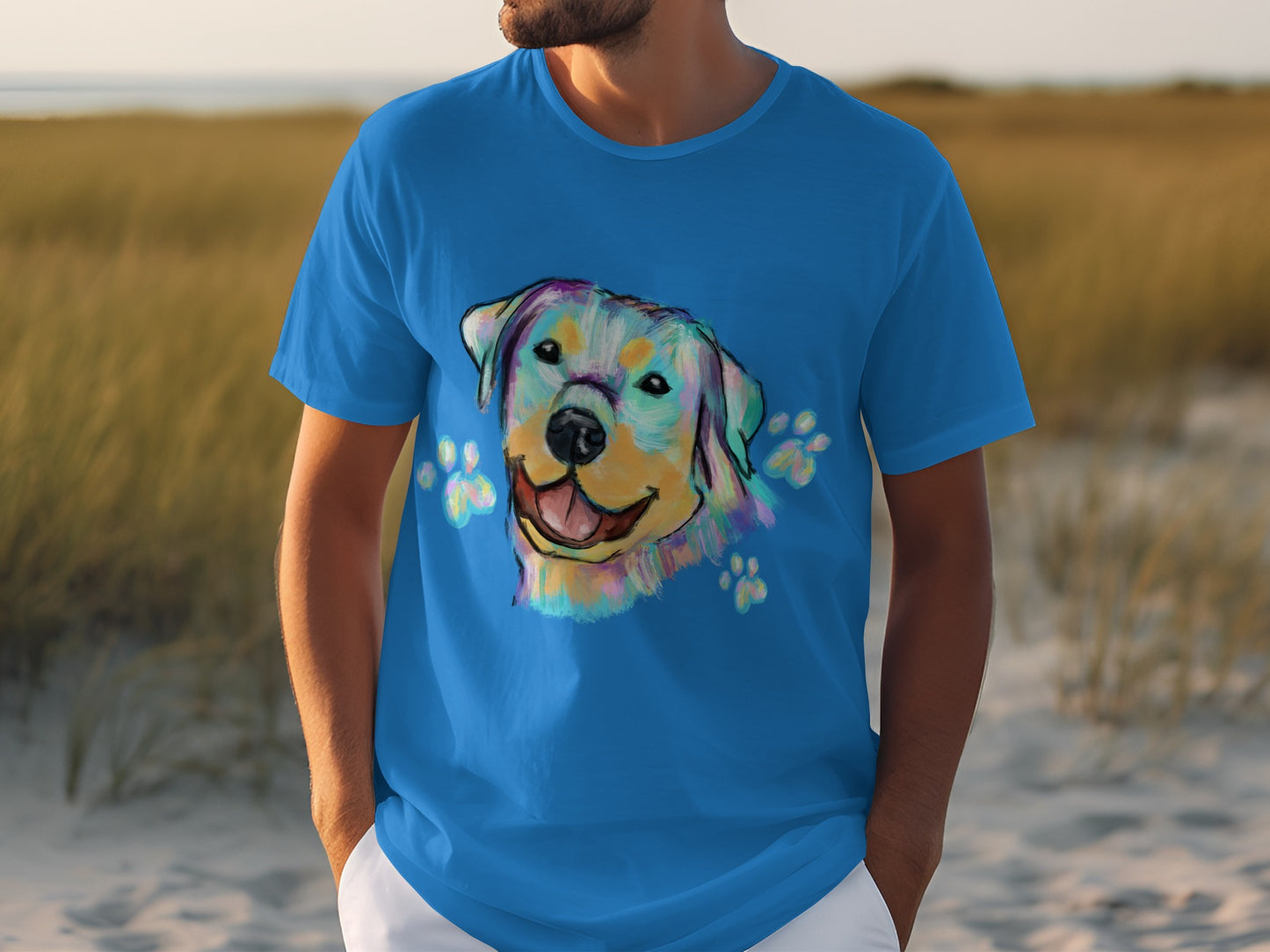 Bright Blue T-Shirt with Happy Dog Design
