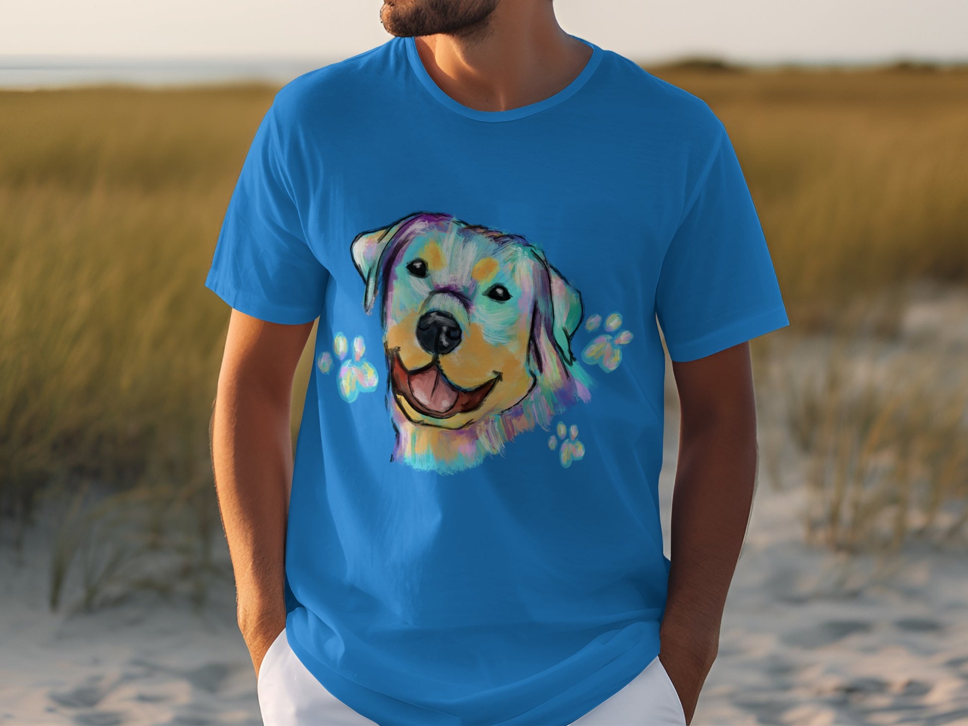 Bright Blue T-Shirt with Happy Dog Design