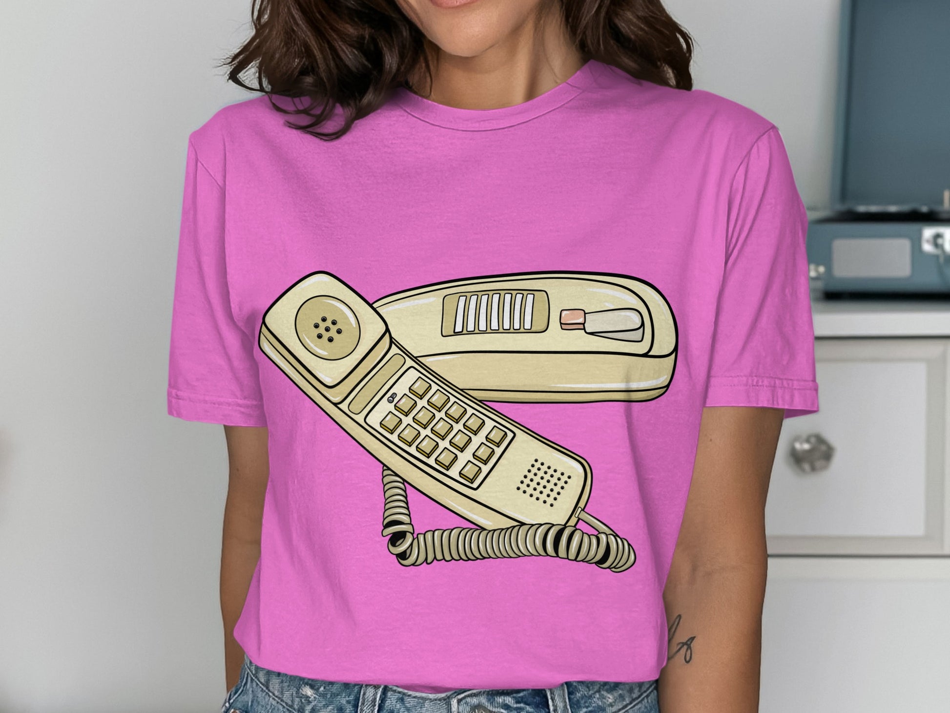 Retro Telephone Graphic on Pastel Pink T-Shirt