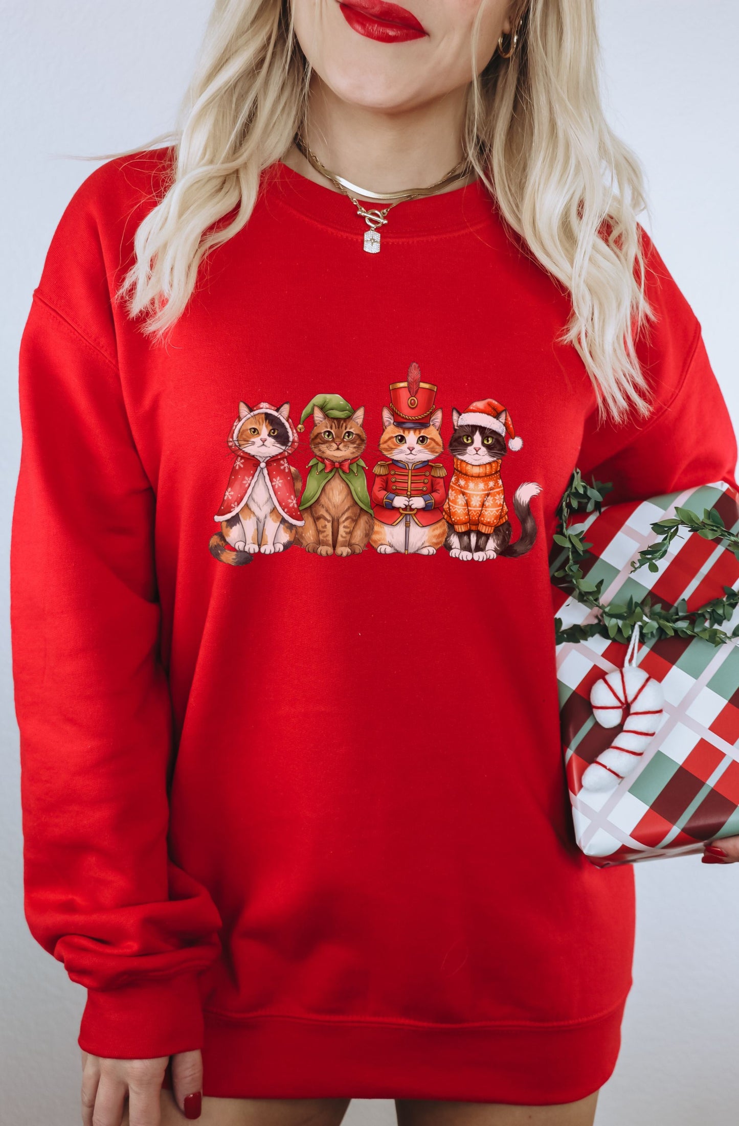 Cute Festive Cats in Costumes Red Holiday Sweatshirt