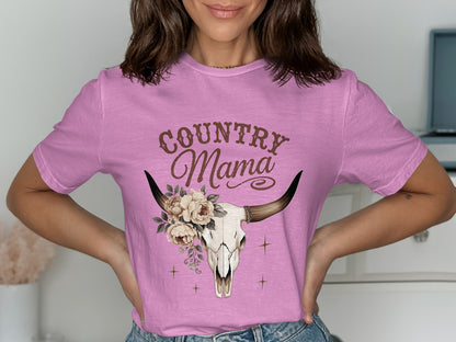 Country Mama Graphic Tee with Floral Skull Design
