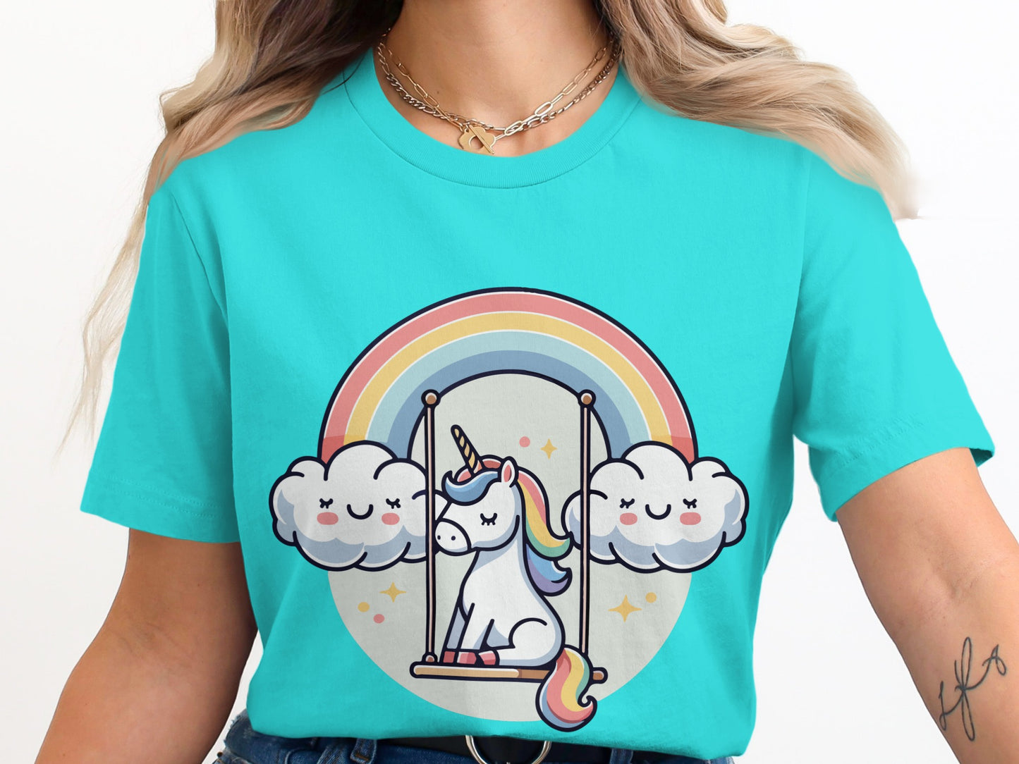 Cute Unicorn Swinging on Rainbow T-Shirt