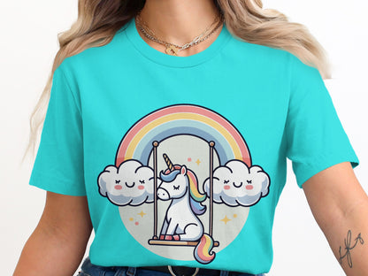 Cute Unicorn Swinging on Rainbow T-Shirt