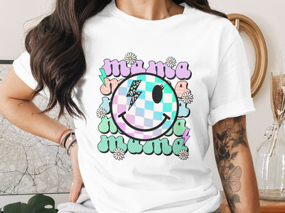 Trendy Mama Checkered Smiley Face Graphic Top