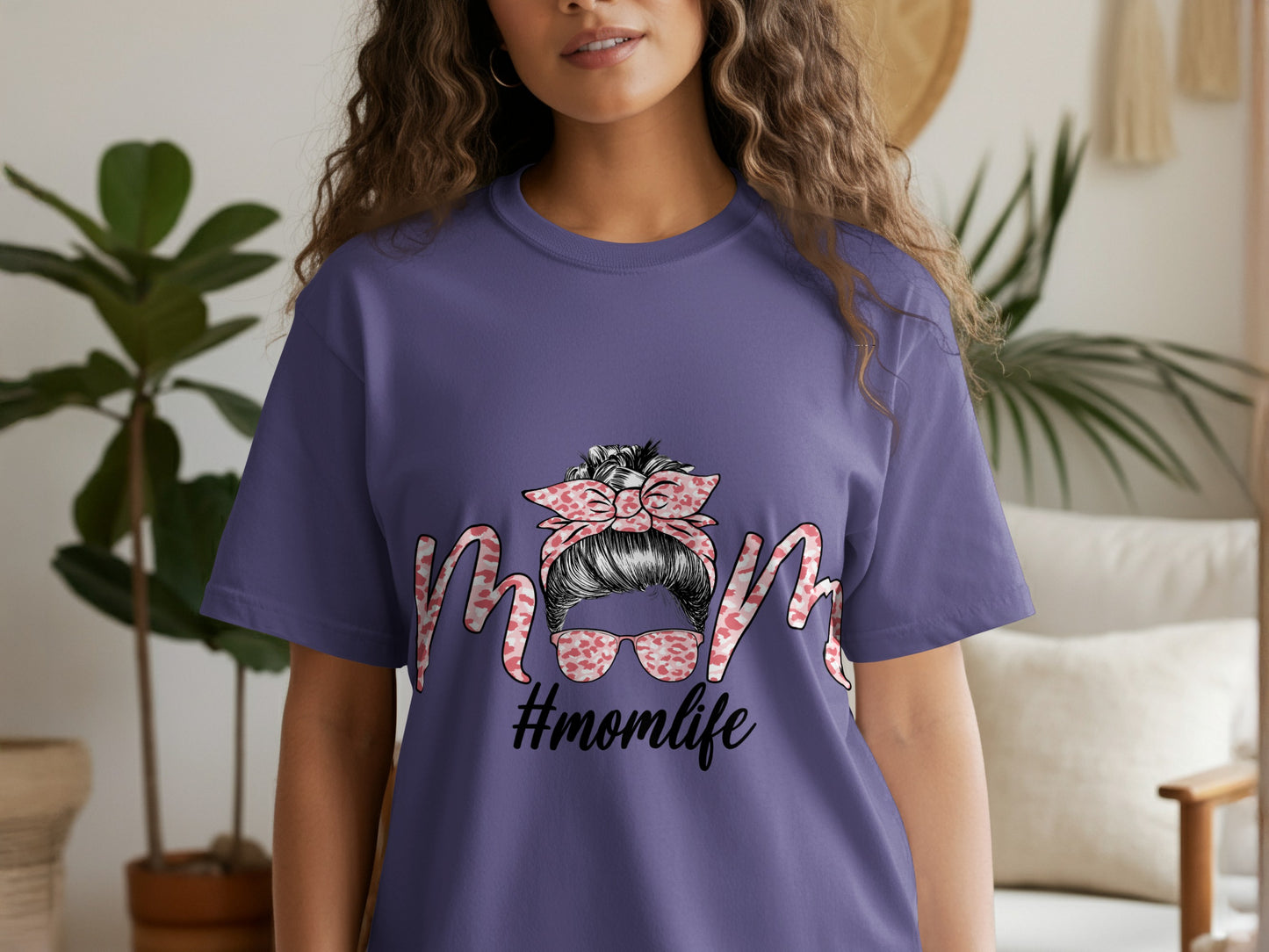 Purple Graphic Tee Featuring #momlife Text and Design