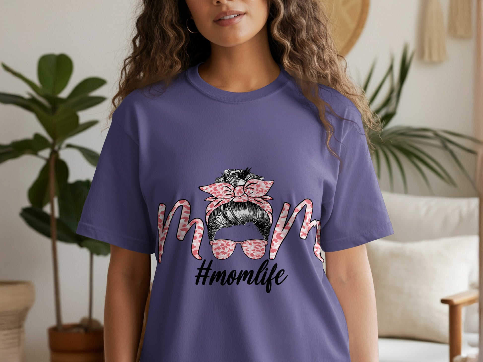 Purple Graphic Tee Featuring #momlife Text and Design