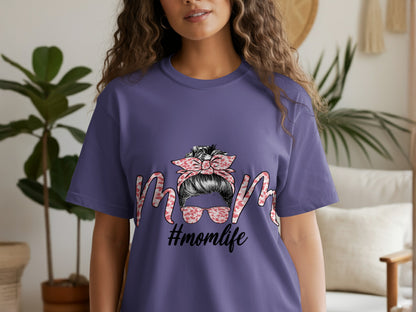 Purple Graphic Tee Featuring #momlife Text and Design