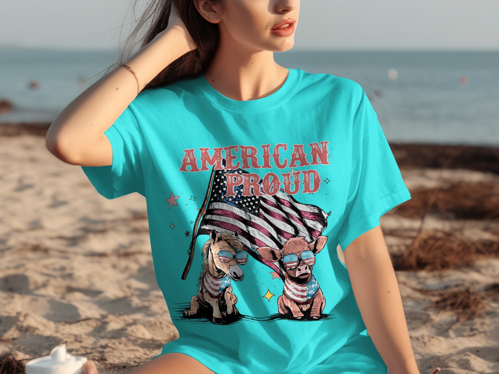 American Proud Graphic T-Shirt with Cute Animals Print