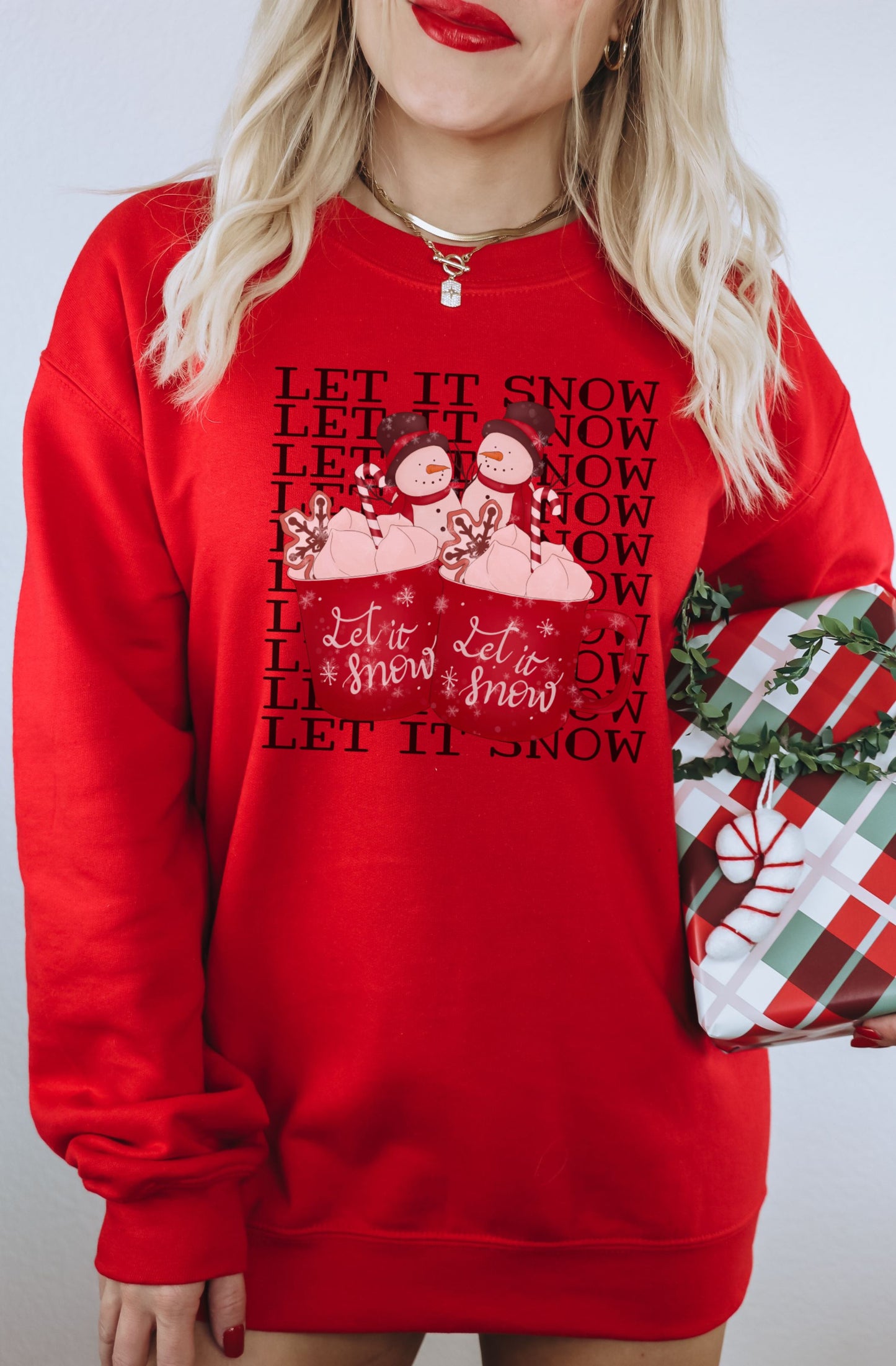 Let It Snow Red Sweatshirt with Snowman Design