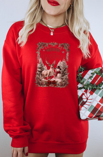 Festive Red Christmas Sweatshirt with Deer and Snowman Design