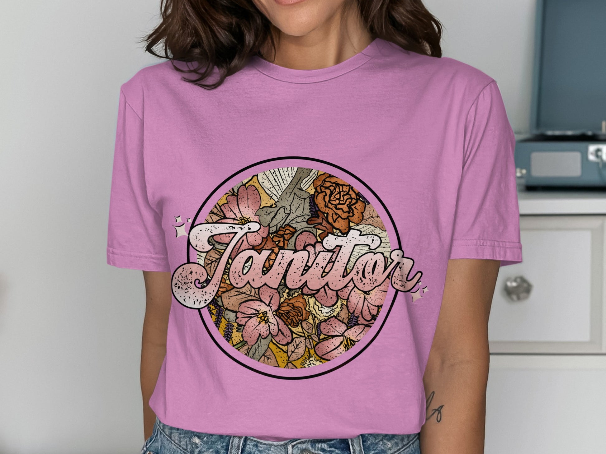 Retro Floral Janitor Design on Pink Shirt