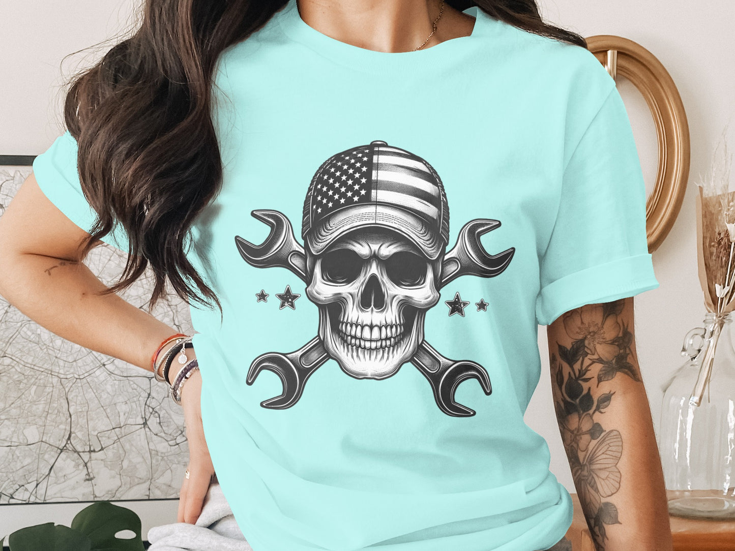 Patriotic Skull with Crossed Wrenches Graphic T-shirt