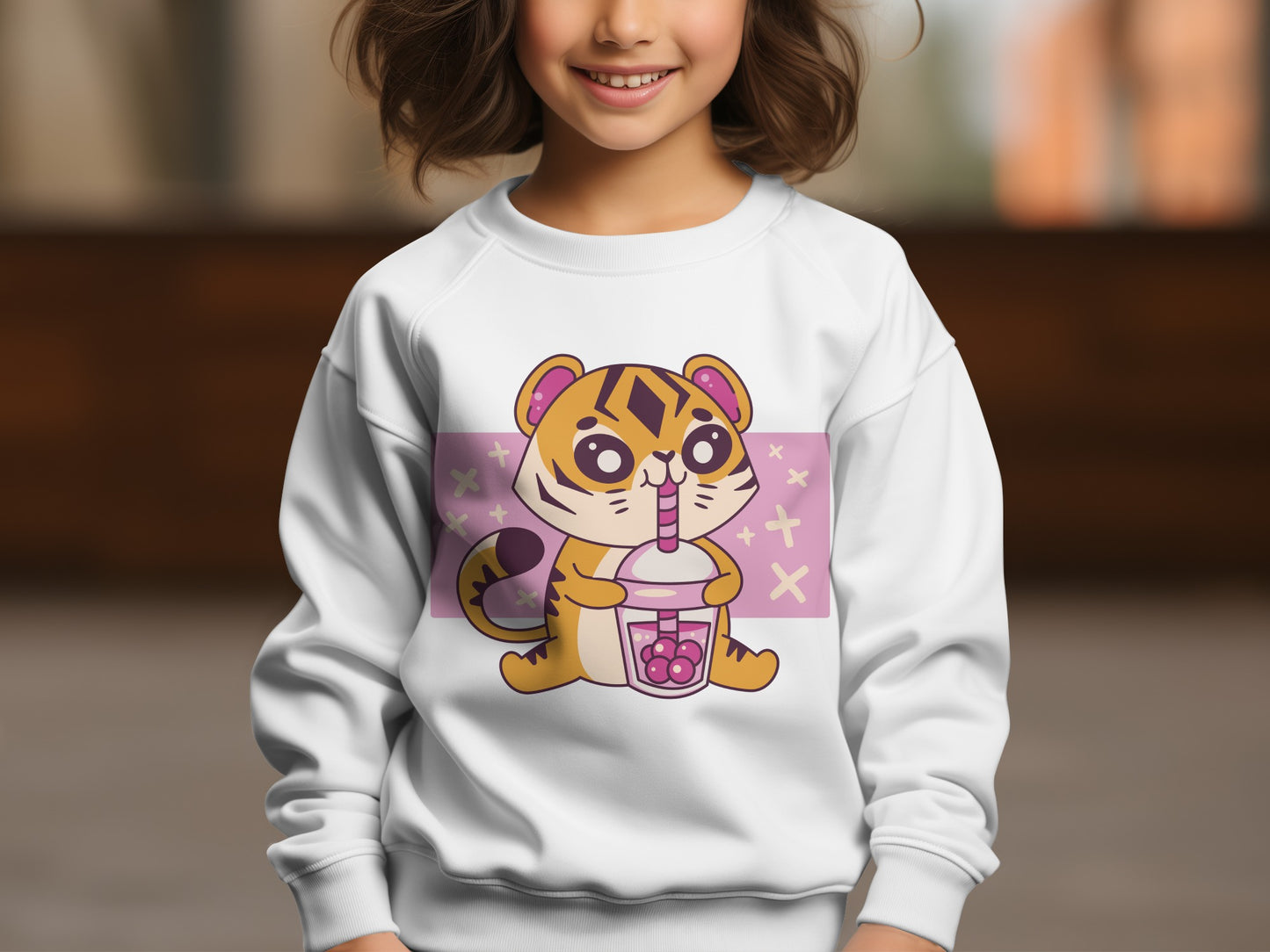 Cute Tiger Cartoon with Boba Drink Youth Sweatshirt