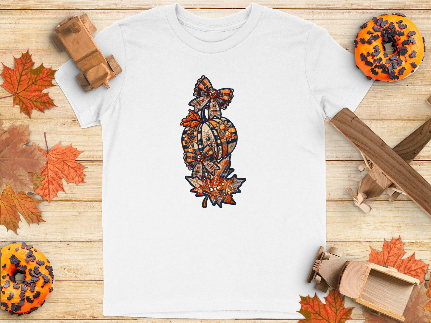 Autumn Pumpkin and Leaves Design T-Shirt