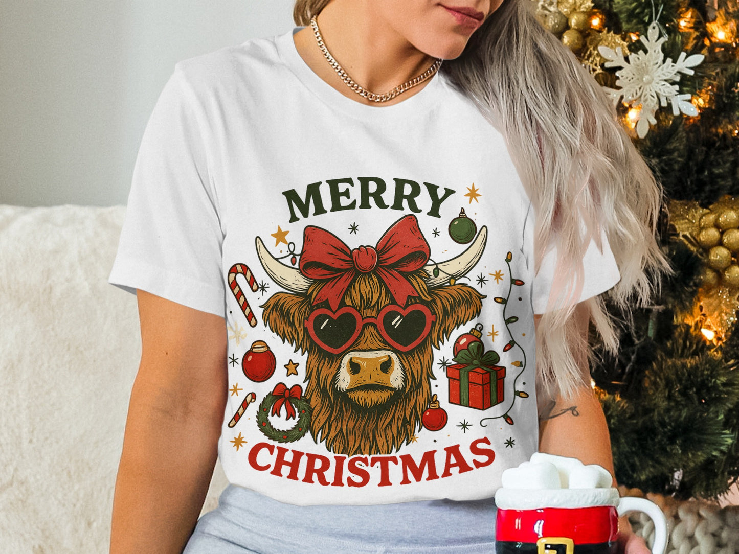 Festive Highland Cow Merry Christmas T-Shirt