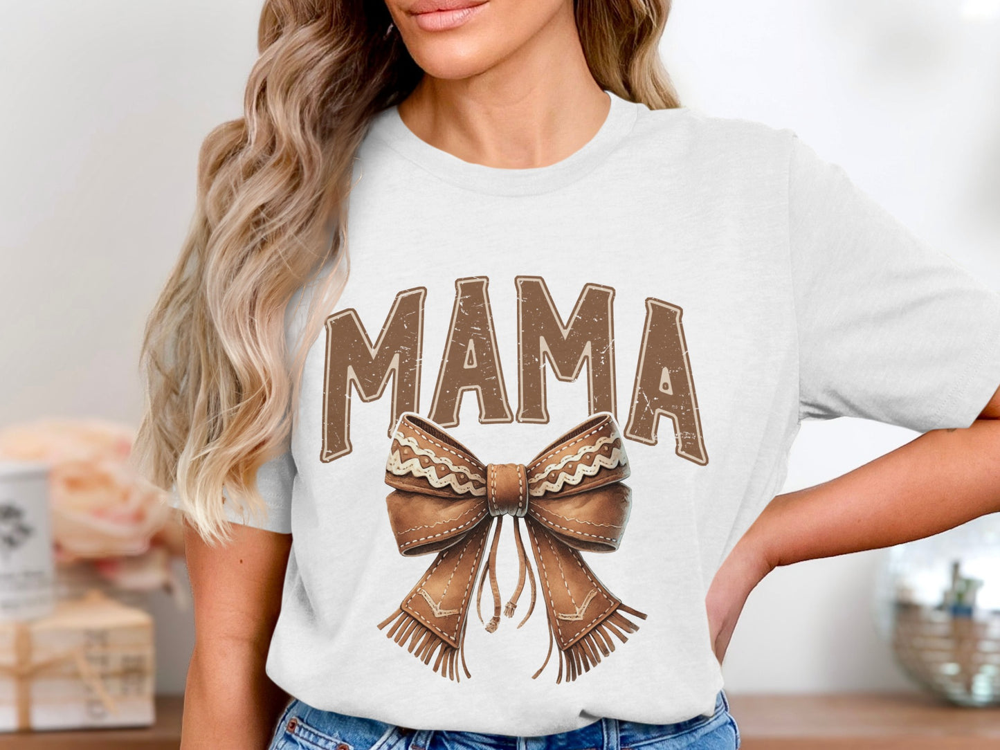 Mama Graphic Tee with Brown Bow Design